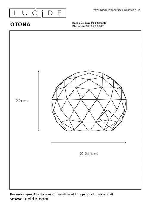 Lucide OTONA - Tafellamp - Ø 25 cm - 1xE27 - Zwart - technisch